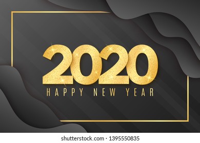 2020 Happy New year greeting card. Golden confetti. Liquid design with abstract black shapes. Brilliant glitter on a light background. Vector illustration. EPS 10.