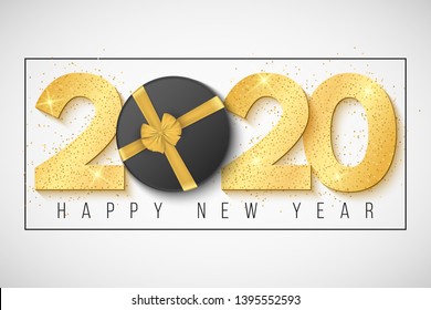 2020 Happy New year greeting card. Golden confetti and gift box. Brilliant glitter on a light background. Vector illustration. EPS 10.