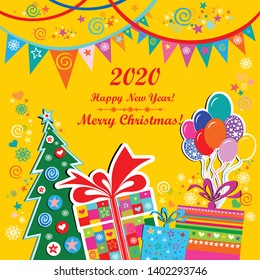 2020 Happy New Year  Greeting card. Celebration mint background with gift box, garland, Christmas tree, star and place for your text. Art design celebrate party invitation template. Winter holidays.