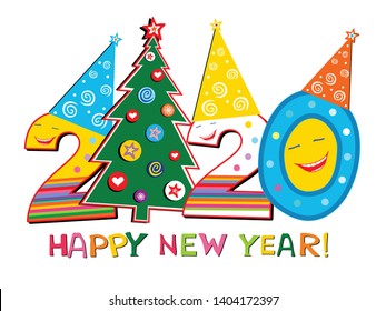 2020 Happy New Year! Greeting Card. Celebration white background with numbers,  Christmas tree, snowflake, star, hat and place for your text.  Vector illustration