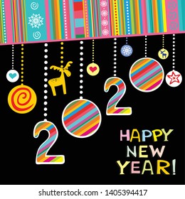 2020 Happy New Year. Greeting card. Celebration black background with Christmas balls, star, number 2020 and place for your text. Vector Illustration
