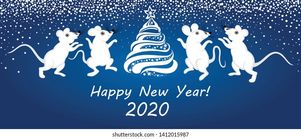 2020 Happy New Year greeting card.   Celebration dark blue background with Christmas tree, mice, snow and place for your text. Horizontal banner. Greeting, invitation card or flyer Vector Illustration
