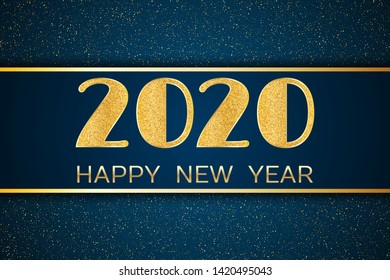 2020 Happy New Year. New Year 2020 greeting card. Dark Background with golden numbers and glitter. Vector illustration. 