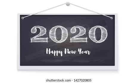 2020 Happy New Year greeting card. Festive background on chalkboard hanging on a wall. Stylish retro lettering for celebration of Christmas on blackboard. Vector greeting card for party, invitations