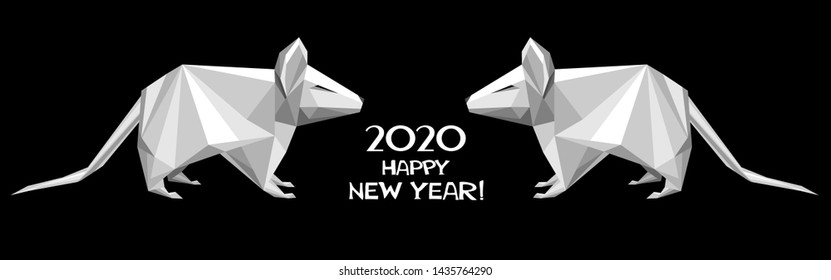 2020 Happy New Year greeting card. Celebration black background with 2 white Rats and place for your text.  Vector illustration