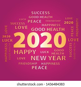 2020 Happy New Year greeting card. Pink and gold vector illustration.