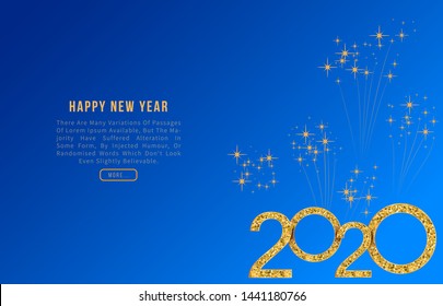 2020 Happy New Year greeting card design with luxury glittering golden numbers on blue background with fireworks. Modern template for holiday banners, posters, invitations. Year of the rat
