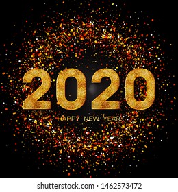 2020 Happy New Year. New Year 2020 greeting card. Background with golden numbers and colorful confetti. Vector illustration.