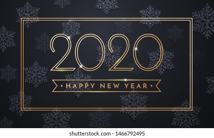 2020 Happy New Year greeting card of sparkling snowflakes and gold glitter frame for Christmas holiday celebration on vector black premium background