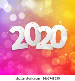 2020 Happy New Year greeting card with bokeh lights of golden stars glitter and vector pink color confetti for Christmas holiday celebration background