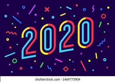 2020, Happy New Year. Greeting card with inscription Happy New Year 2020. Memphis geometric bright style for Happy New Year 2020 or Merry Christmas. Holiday background, poster. Vector Illustration