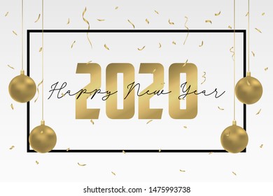 2020 Happy New Year greeting card design. Holidays banner with gold Christmas balls and golden confetti. Vector illustration.
