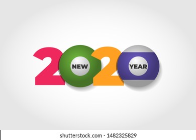 2020 Happy New Year greeting card design. Vector winter holiday illustration with color 2020 numbers and pool billiard ball on white background. Chinese year of rat poster, sale banner, flyer template