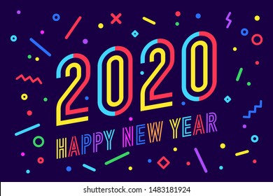 2020, Happy New Year. Greeting card with inscription Happy New Year 2020. Memphis geometric style for Happy New Year 2020 or Merry Christmas. Holiday background, poster. Vector Illustration