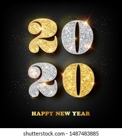 2020 Happy New Year 2020 Greeting Card with Gold and Silver Numbers on Black Background. Vector Illustration. Merry Christmas Design