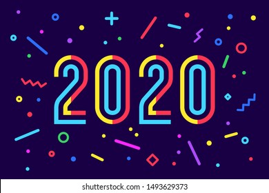 2020, Happy New Year. Greeting card with inscription Happy New Year 2020. Memphis geometric bright style for Happy New Year 2020 or Merry Christmas. Holiday background, poster. Vector Illustration