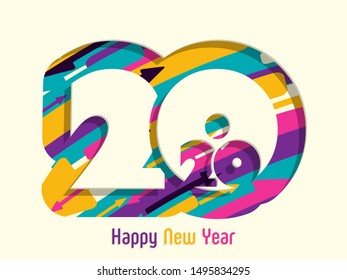 2020 Happy new year greeting card with intricate text design.