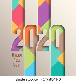 2020 Happy new year greeting card with intricate text design.