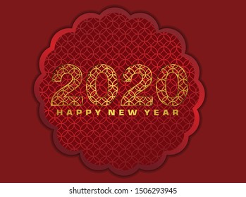 2020 Happy New Year greeting card design. Vector winter holiday illustration with color 2020 numbers golden geometric on red background. Chinese year of rat poster, sale banner, flyer template