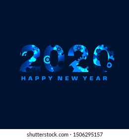 2020 Happy New Year greeting card design. Vector winter holiday illustration with color 2020 numbers gear on blue background. Chinese year of rat poster, sale banner, flyer template