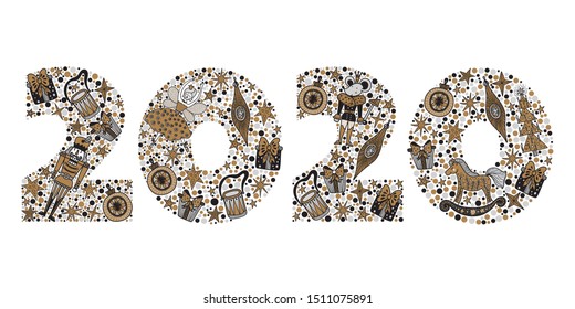 2020 Happy New Year greeting card design. Vector winter holiday illustration with  2020 numbers Christmas illustration with motifs from the Nutcracker ballet. Silver and gold colors.