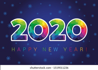 2020 A Happy New Year greeting card. Xmas night background. Colorful holiday numbers and text. Stained glass logotype. Abstract isolated graphic design template. Calender title. Facet digits for sale.