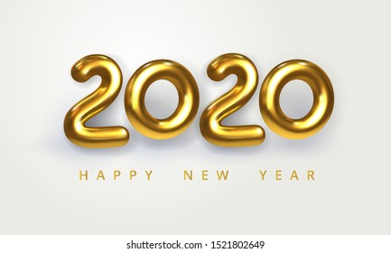 2020 Happy New Year greeting card. Holiday vector illustration of shiny golden metallic numbers 2020. Realistic 3d sign isolated on white. Festive poster, flyer or banner design