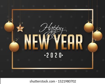 2020, Happy New Year greeting card design decorated with hanging golden baubles and star on black background.