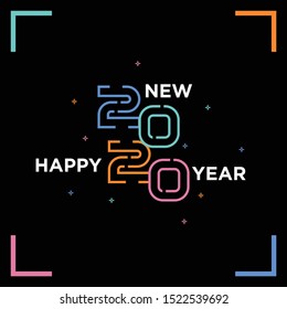 2020, Happy New Year. Greeting card with inscription Happy New Year 2020. Memphis geometric bright style for Happy New Year 2020 or Merry Christmas. Holiday background, poster. Vector Illustration