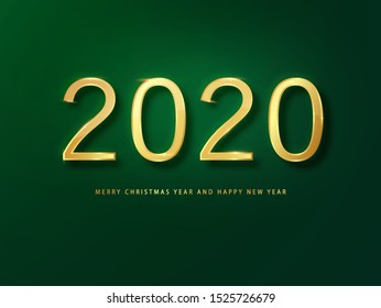 2020 Happy New Year greeting card gold and green background. Green New Year background. Cover of business diary for 2020 with wishes. Brochure design template, card, banner.