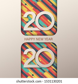 2020 Happy New Year greeting card with fluid paper cut shapes background. 2020 calligraphic numbers cut of origami paper,
