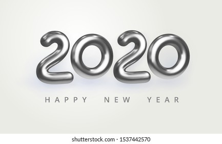 2020 Happy New Year greeting card. Holiday vector illustration of shiny silver metallic numbers 2020. Realistic 3d sign isolated on white. Festive poster, flyer or banner design