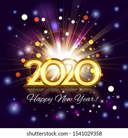 2020 happy new year greeting card. Gold number 2020 with fireworks with bright rays with particles in the background of the night