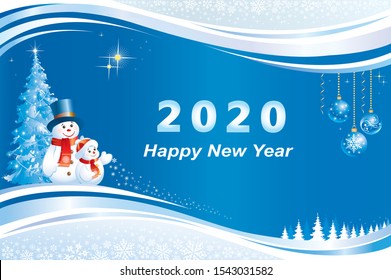 2020 Happy New Year greeting card with Christmas tree and snowmen on  background of snowflakes decorated with wave pattern. Vector illustration