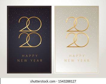 2020 Happy New Year greeting cards - black and golden with luxury 2020 logo text and flying golden holiday confetti background. Vector New Year illustration