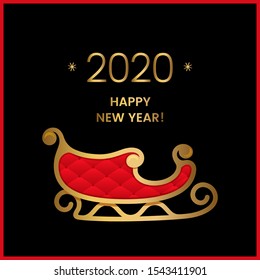 2020 Happy New Year greeting card or invitation. Christmas golden with red Santa Claus sleigh. Concept Xmas. vector illustration