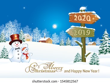 2020 Happy New Year greeting card with funny snowmen on winter landscape with billboard with the dates 2019 and 2020. Vector illustration