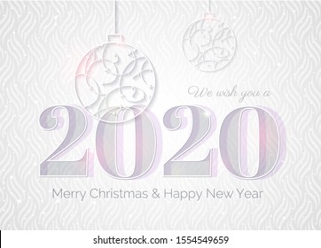 2020 Happy new year greeting card with numbers 2020 and Christmas baubles. Elegant Christmas silver background with Silver glitter balls.  Vector illustration.