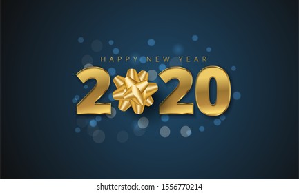 2020 happy new year greeting card with golden gift bow on blue bokeh background.