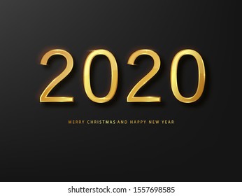 2020 Happy New Year greeting card gold and black background. Black New Year background. Cover of business diary for 2020 with wishes. Brochure design template, card, banner.