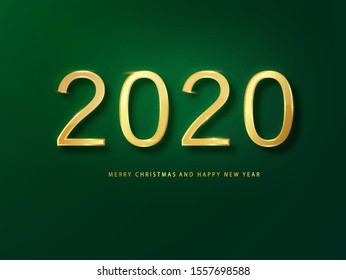 2020 Happy New Year greeting card gold and green background. Green New Year background. Cover of business diary for 2020 with wishes. Brochure design template, card, banner.