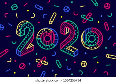 2020, Happy New Year. Greeting card with inscription Happy New Year 2020. Geometric memphis bright style for Happy New Year 2020 or Merry Christmas. Holiday background, poster. Vector Illustration