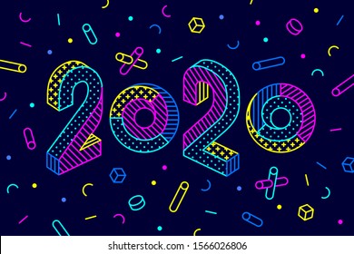 2020, Happy New Year. Greeting card with inscription Happy New Year 2020. Geometric memphis bright style for Happy New Year 2020. Holiday background, poster. Vector Illustration