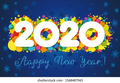 2020 A Happy New Year greeting card. Xmas snowy background. Paper holiday numbers and text. Coloured logotype. Abstract isolated graphic design template. Calender title. Digits 20 for seasonal sale.
