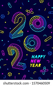 2020, Happy New Year. Greeting card with inscription Happy New Year 2020. Memphis geometric bright style for Happy New Year 2020 or Merry Christmas. Holiday background, poster. Vector Illustration