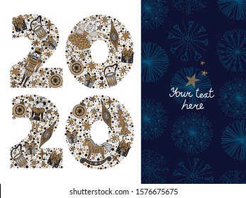 2020 Happy New Year greeting card design. Vector winter holiday illustration with  2020 numbers Christmas illustration with motifs from the Nutcracker ballet. Silver and gold colors.