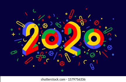 2020, Happy New Year. Greeting card with inscription Happy New Year 2020. Geometric memphis bright style for Happy New Year 2020 or Merry Christmas. Holiday background, poster. Vector Illustration