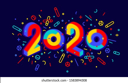 2020, Happy New Year. Greeting card with inscription Happy New Year 2020. Geometric memphis bright style for Happy New Year 2020 or Merry Christmas. Holiday background, poster. Vector Illustration