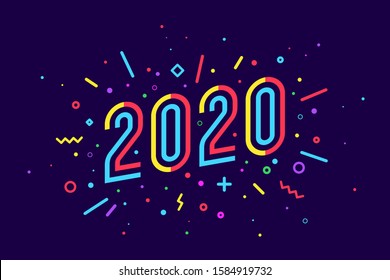 2020, Happy New Year. Greeting card with Happy New Year 2020. Geometric memphis bright style for Happy New Year 2020 or Merry Christmas. Holiday background, poster. Vector Illustration