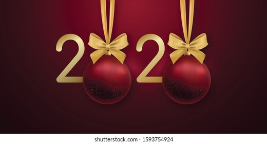 2020 Happy New Year greeting card. Vector design with decorative red baubles and golden numbers.